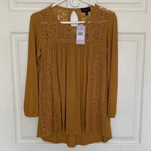 Artesia Women’s Small Mustard Yellow Lace Long Sleeve Top New